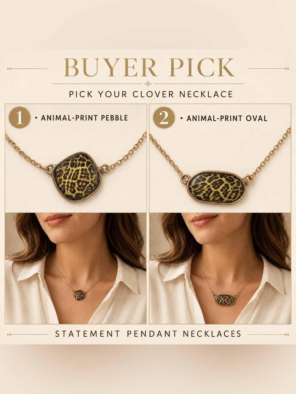 Clover Animal-Print Pebble Pendant Necklace - Green